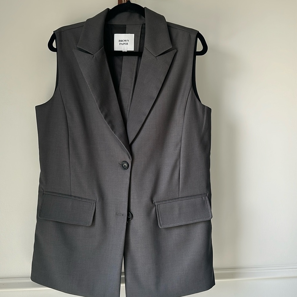 THE FRANKIE SHOP  charcoal sleeveless blazer with a detailed button on back